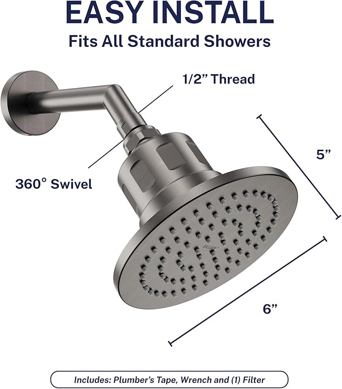 Gillian™ by HammerHead High Pressure Shower Head with Filter – Genuine KDF-55 Filtered Shower Head for Hard Water, Healthier Skin & Hair – Metal 6-Inch Rainfall Showerhead with Filters, Gray
