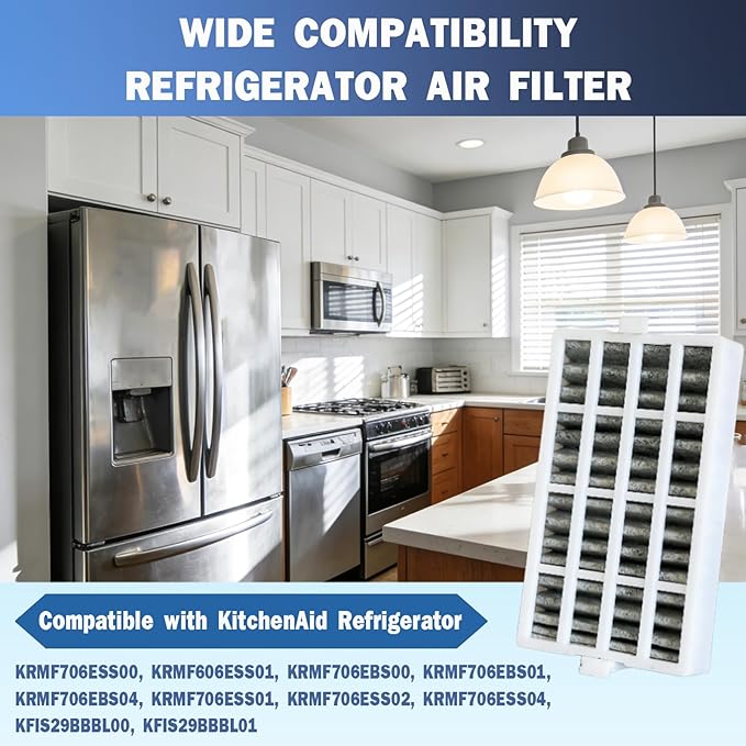 4 Pcs Refrigerator Air Filter Replacement for KitchenAid KRMF706ESS00, KRMF606ESS01, KRMF706EBS00, KRMF706EBS01, KRMF706EBS04, KRMF706ESS01, KRMF706ESS02, KRMF706ESS04, KFIS29BBBL00, KFIS29BBBL01