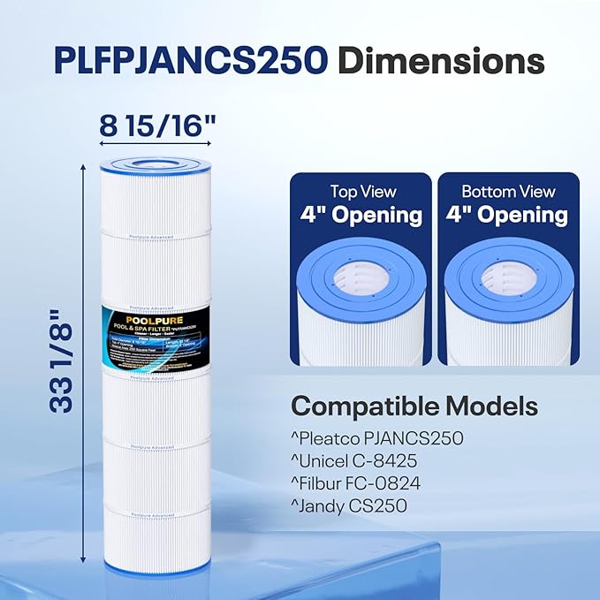 POOLPURE PLFPJANCS250 Pool Fliter Replaces Jandy CS250, PJANCS250, Unicel C-8425, Filbur FC-0824, R0462500, 17-175-3630, 250 Sq.ft Filter Cartridge 1 Pack