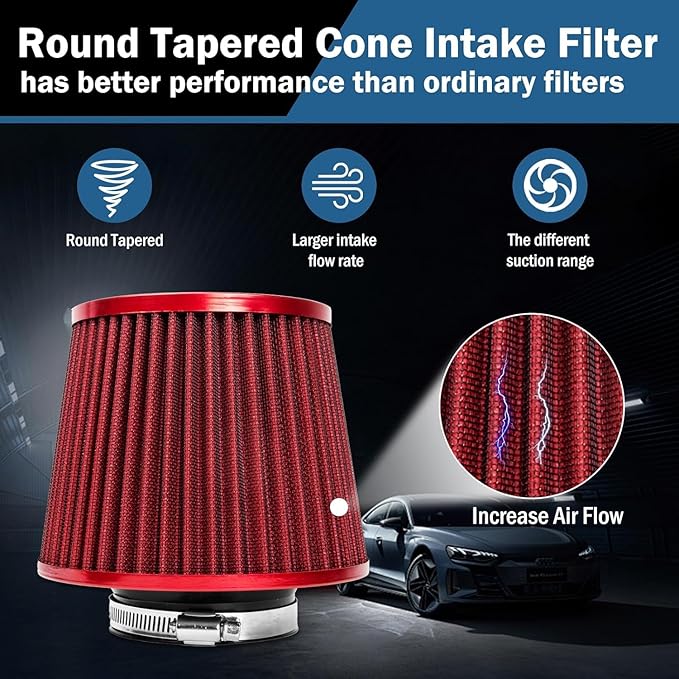 Universal Clamp-On Air Intake Filter, High Performance, Washable Filter, Replacement Air Filter, Flange Diameter 4inch/100mm (Red)