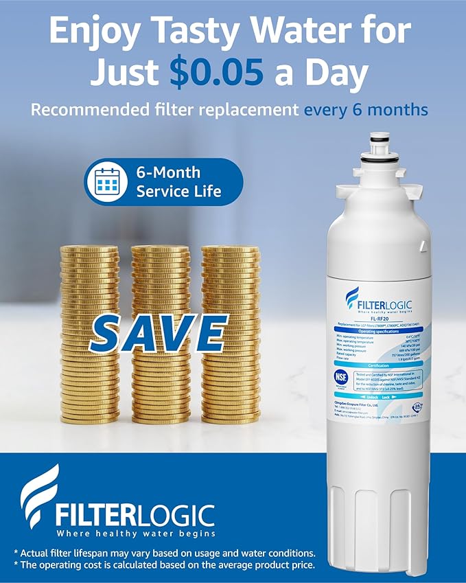 Filterlogic ADQ73613401 Refrigerator Water Filter and Air Filter, Replacement for LG® LT800P®, ADQ736134, ADQ73613402, LSXS26326S, LSXS26366S, LMXS30776S, Kenmore 46-9490 and LT120F®, 3 Combo