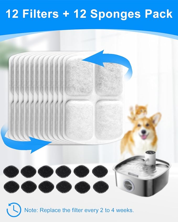 12+12 Pack Filter Replacement Compatible with FEELNEEDY 8L Dog Water Fountain FN-W18, Water Fountain Filters, Dog Water Replacement Filters, Pet Fountain Filters with Pump Sponges for Pet