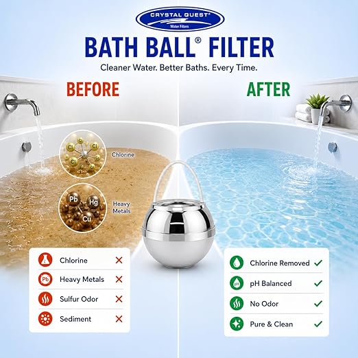 Crystal Quest Bath Ball Filter for Tub Faucet, Bathtub Water Filter, BPA-Free Bathtub Filter, Removes Chlorine, Lead & Impurities, Improves Skin, Hair & Nails, Long Lasting, Fits Most Tubs - Chrome