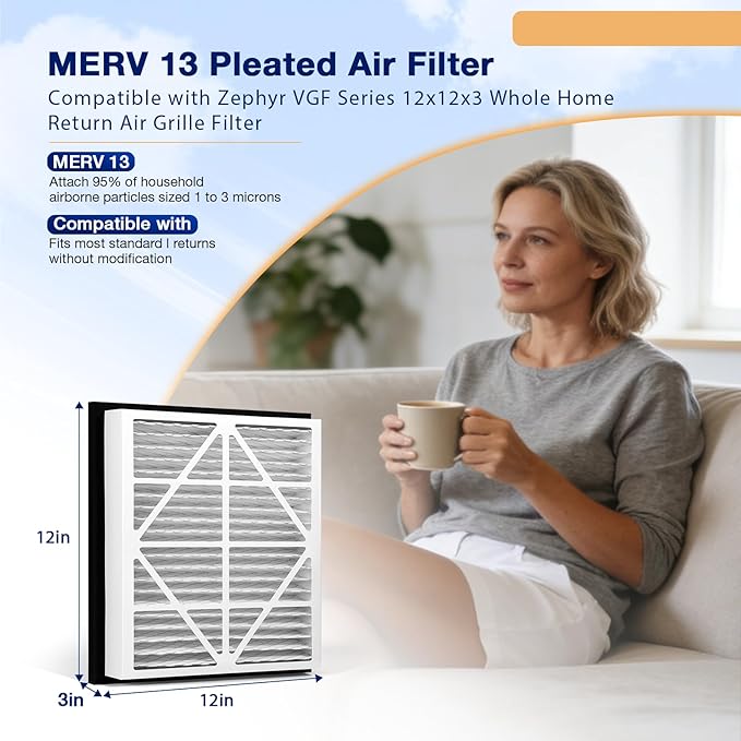 2Pack 12x12x3 MERV13 air Filter Pleated Whole House Return Grille Filter Replacements are perfectly compatible with the Zephyr VGF Series 12x12x3 Whole House Return Grille Filter
