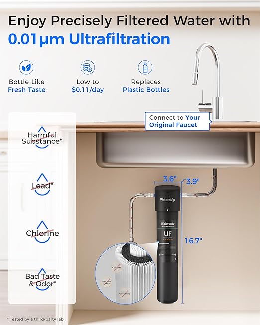 Waterdrop 15UA-UF 0.01 μm Ultra Filtration Under Sink Water Filter System, 2 Years, Reduces Lead, Chlorine, Bad Taste & Odor, Connects Directly to Your Faucet