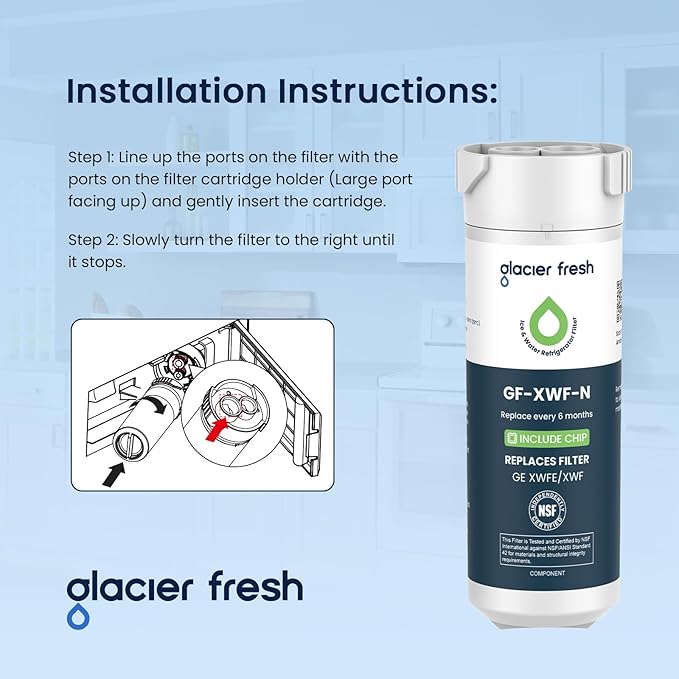 GLACIER FRESH Water Filter Compatible with XWFE (Built-in CHIP), Replacement for GE XWFE, XWF Refrigerator Water Filter NSF/ANSI 42 Certification Pack of 1