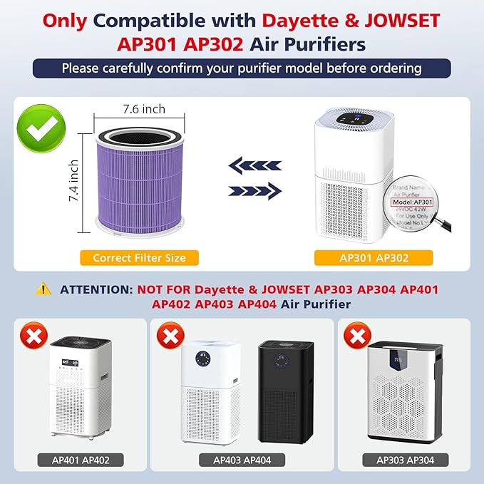 2 Pack AP301 Pet Care Replacement Filter, Only Compatible with Dayette & JOWSET AP301 AP302 Air Purifier, Designed for Pet Odors, NOT FOR AP201 AP303 AP304 AP401 AP402 AP403 AP404 Air Purifier
