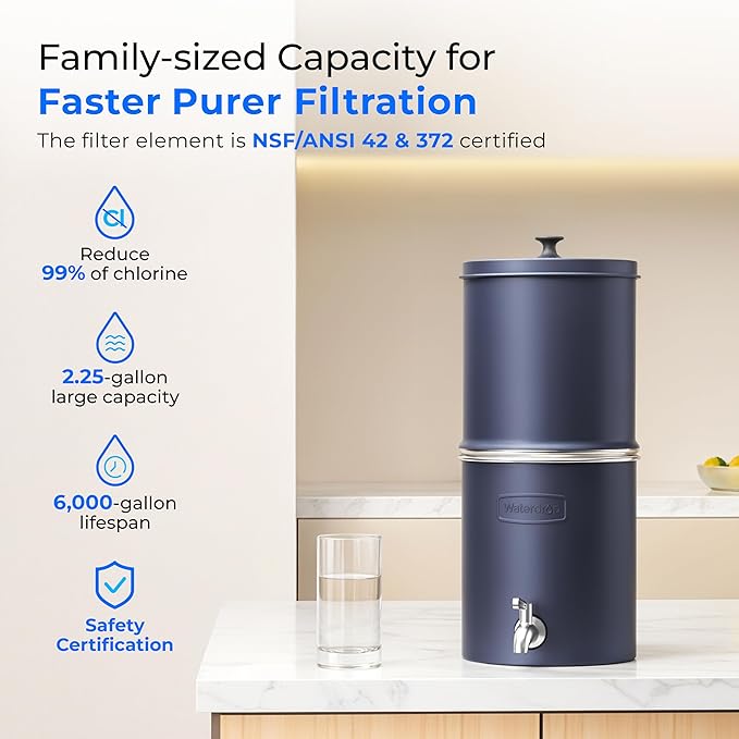 Waterdrop TK-AP Gravity Water Filter System, NSF/ANSI 42&372 Standard, Stainless Steel Water System with 2 Carbon Filters, Reduces Lead and Chlorine for Home, Emergencies, Blue, 2.25G