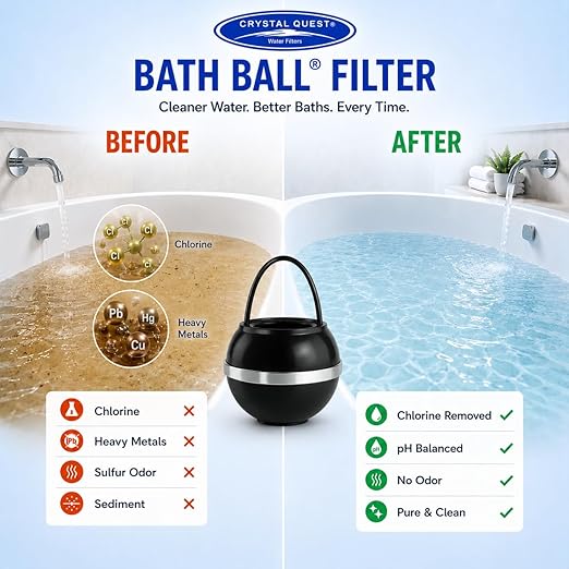 Crystal Quest Bath Ball Filter for Tub Faucet, Bathtub Water Filter, BPA-Free Bathtub Filter, Removes Chlorine, Lead & Impurities, Improves Skin, Hair & Nails, Long Lasting, Fits Most Tubs - Black