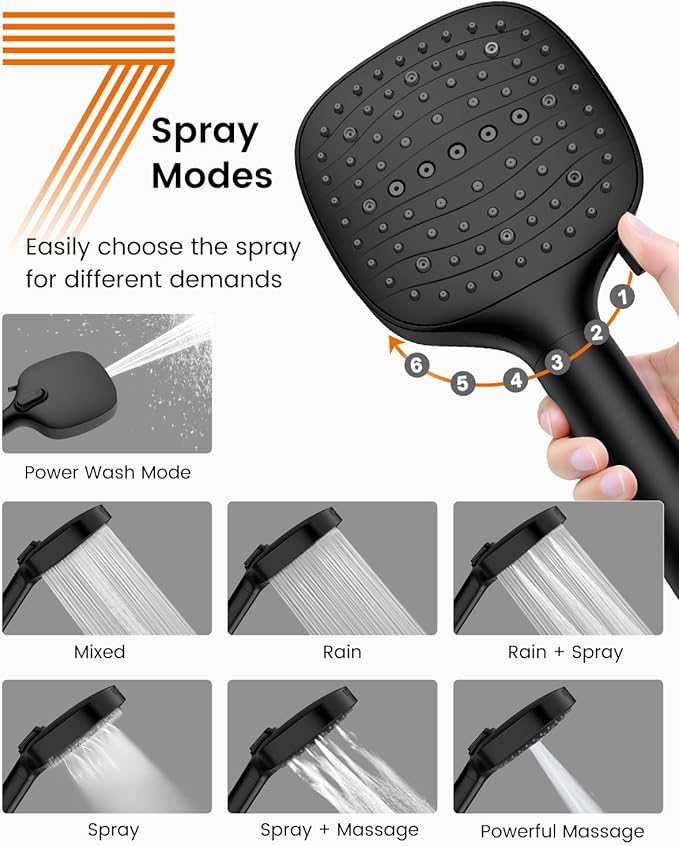 Filtered Shower Head High Pressure 7 Mode, Black Handheld Shower Head with Hose and Filters for Hard Water, Remove Chlorine-Reduce Dry Itchy Skin, Anti-clog Nozzles, Built-in Power Wash to Clean Tub