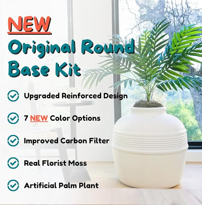 Good Pet Stuff Hidden Litter Box Planter, Decorative Cat Litter Enclosure with Carbon Filter & Faux Plant, Made in USA, Odor Control, Improved Design, NEW Round Style, Base Kit, Classic White
