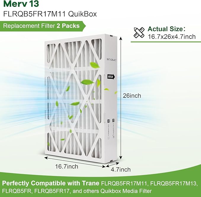 2 Packs Upgrade FLRQB5FR17M11 MERV 13 Filter 16.7" x 26" x 4.7" Compatible with Trane TFM175B0FR0 FLRQB5FR17M13 Air Filter, Replacement for QuikBox Media Filter