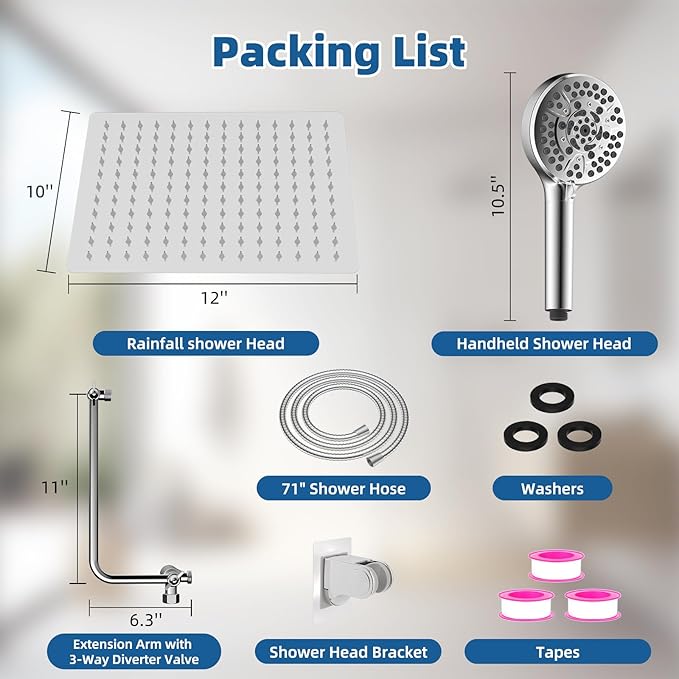 12" All Metal Shower Head, High Pressure Rainfall Shower Head/Handheld Showerhead Combo with 11" Adjustable Shower Extension Arm, 71" Hose, Shower Head Holder, Chrome