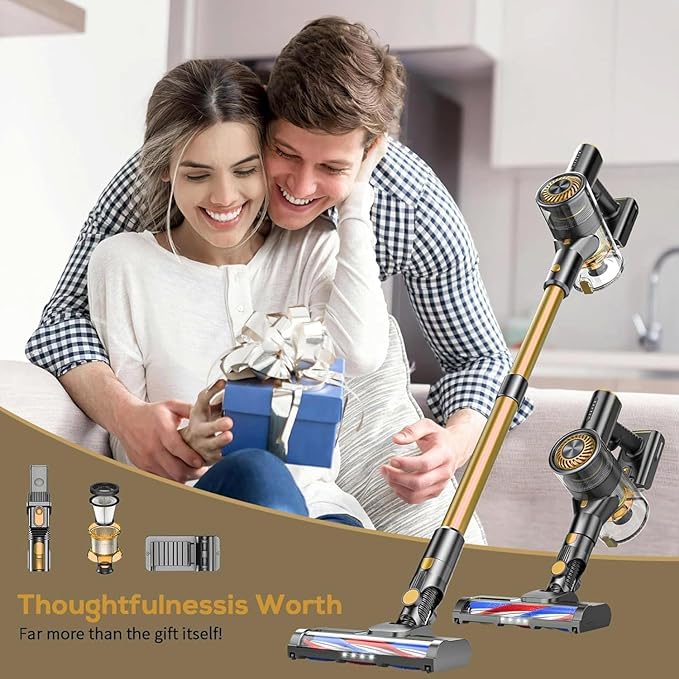 MBTTODF Cordless Vacuum Cleaner for Home & Pet Hair – Lightweight Stick Vacuum with 40-Min Runtime, Anti-Tangle Brush & LED Headlight, for Hardwood, Carpet & Tile(Golden)