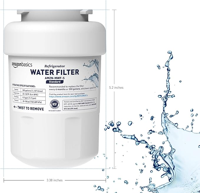 Amazon Basics Replacement Water Filter Cartridge Compatible with GE MWF Refrigerator, NSF Certified, 3-Pack