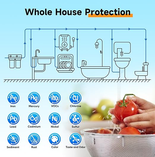 PUREPLUS 2-Stage Whole House Water Filtration System, Reduces Chlorine, Odor, Heavy Metals & Rust, with Pressure Gauges, 10" x 4.5" Clear Housing, 1" Inlet/Outlet, PP Sediment & KDF Carbon Filters