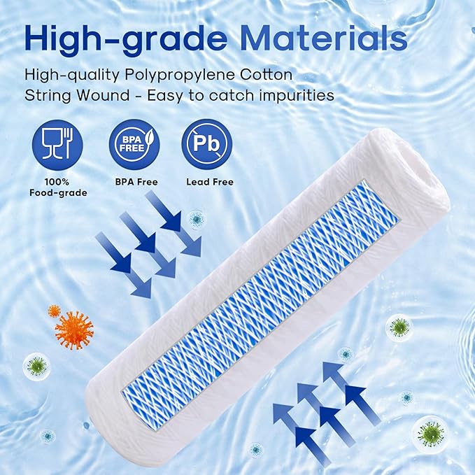 ICEPURE 20 Micron 10" x 2.5" Whole House String Wound Sediment Water Filter for Well filter Replacement for Aqua-Pure AP110, WP-5, Culligan P5, CFS110, CW-MF, WFPFC4002, Any 10 inch RO Unit, 4PACK