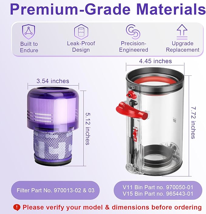 Lemige Upgraded V11 V15 Vacuum Filter & Dust Bin Canister Replacement Parts for Dyson V11 V15 SV14 SV15 SV22 Vacuum Cleaner, For Dyson Vacuum Attachments No. 970050-01 & 965443-01 & 970013-02