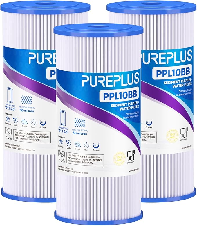 PUREPLUS 30 Micron 10" x 4.5" Whole House Pleated Sediment Filter for Well Water, Replacement Cartridge for GE FXHSC, Culligan R50-BBSA, Pentek R50-BB, DuPont WFHDC3001, W50PEHD, GXWH40L, 3Pack