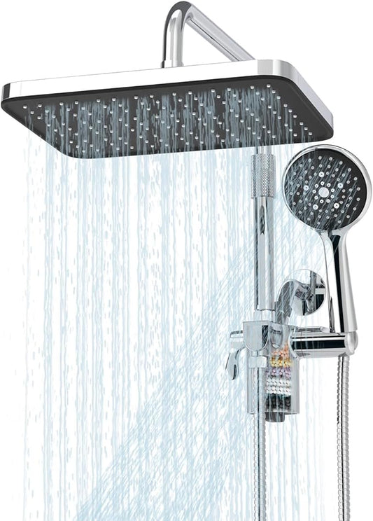 Filtered Shower Head with Handheld Spray Combo,12 inch High Pressure Rainfall Shower Head with Adjustable Slide Bar,Dual Rainfall Showerhead,Bathroom Accessories,Chrome