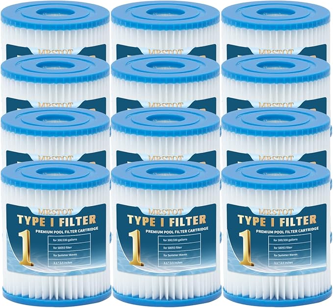 Type I Pool Filter Cartridge, 58093 Replacement Filter Cartridge for 300/330 Gal/H Filter Pump, for Summer Waves Above Ground Pool Pump (12 Pcs)