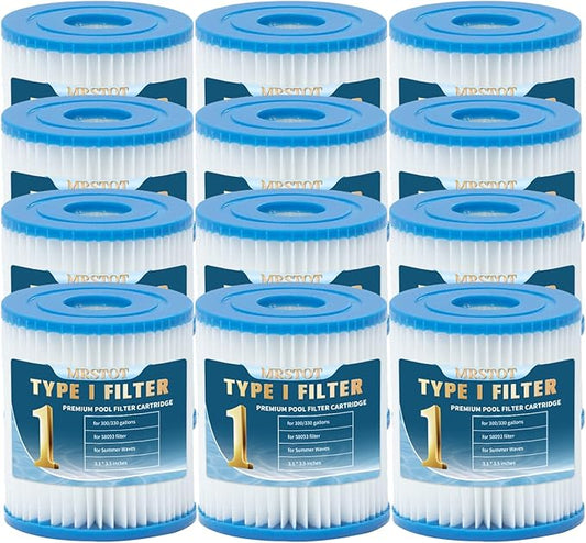 Type I Pool Filter Cartridge, 58093 Replacement Filter Cartridge for 300/330 Gal/H Filter Pump, for Summer Waves Above Ground Pool Pump (12 Pcs)