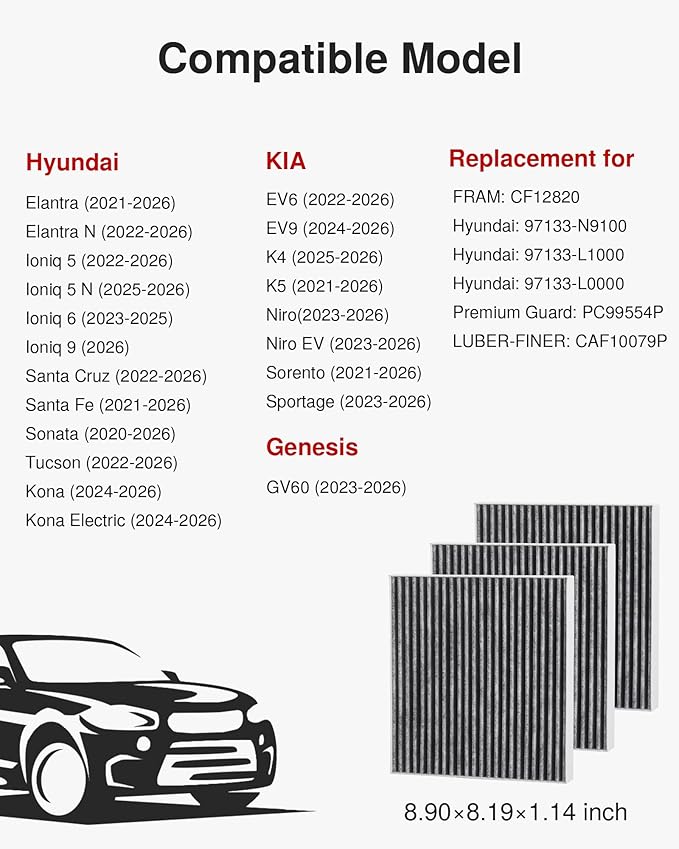 Puroma Cabin Air Filter with Activated Carbon, Replacement for CF12820, Compatible with Hyundai Elantra, Ioniq, Santa Cruz, Santa Fe, Sonata, Tucson, KIA K5, Niro, Sorento, Sportage, Genesis GV60
