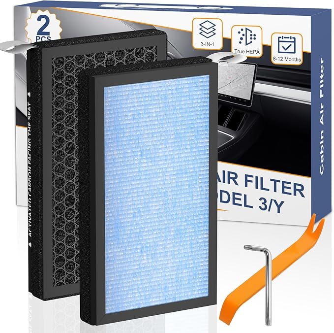Model 3 Model Y Cabin Air Filter Accessories for Tesla Model 3/Y 2016-2024/2025/2026 Including Juniper Highland Series, 3-in-1 Filtration System True HEPA & Activated Carbon, 2 Pack