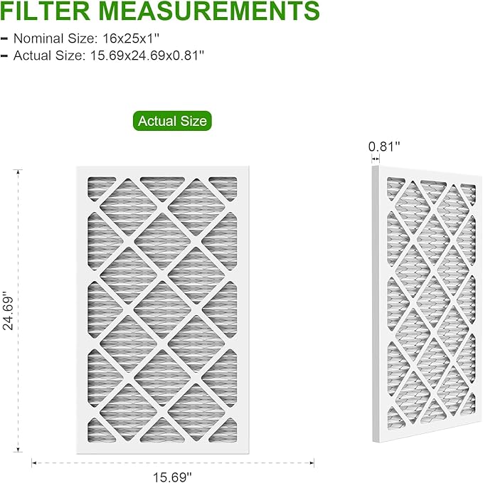 16x25x1 Furnace Air Filter 4-Pack MERV 8 MPR 600 FPR 5 HVAC AC Pleated Filters for Home (Actual Size:15.69x24.69x0.81 inches)