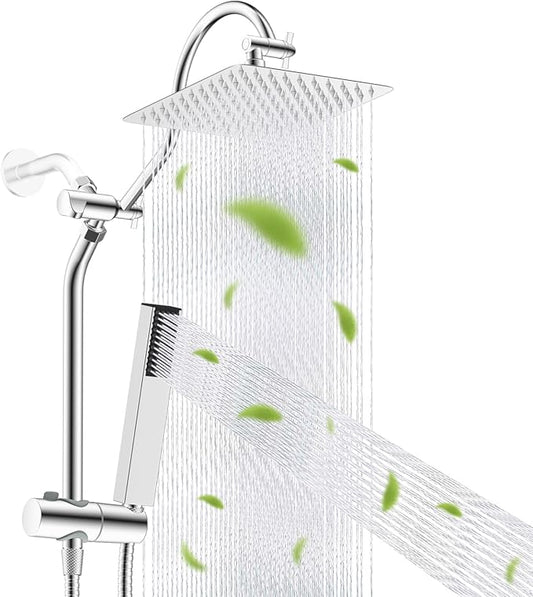 Hibbent cUPC Certified High Pressure 10'' Rainfall Shower Head, Showerhead Combo with 4-mode Handheld Spray, 12'' Adjustable Extension Arm, Extension Bar, Easy Reach Holder, 71'' Hose, Chrome