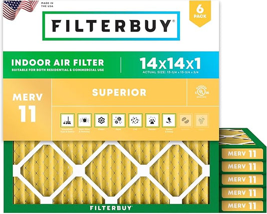 Filterbuy 14x14x1 Air Filter MERV 11 Superior Pet & Allergy Defense (6-Pack), Electrostatic Pleated HVAC AC Furnace Filters Replacement, Made in USA (Actual Size: 13.75 x 13.75 x 0.75)