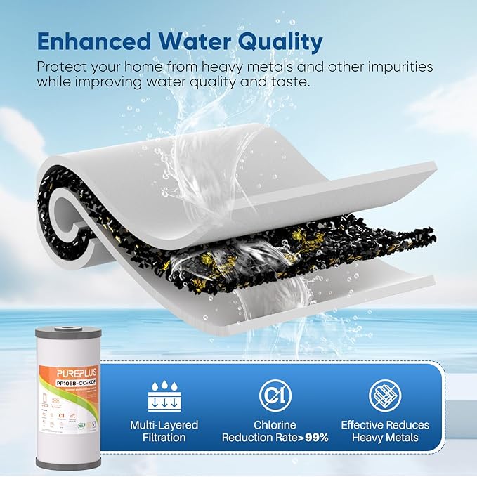 PUREPLUS 5 Micron 10" x 4.5" Whole House PP Sediment Carbon KDF Composite Heavy Metal Reduction Filter Cartridge for GE FXHTC,GXWH40L,GXWH35F,GNWH38S,Culligan RFC-BBSA,WRC25HD,Pentek RFC-BB,2Pack