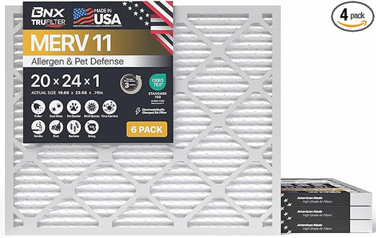 BNX TruFilter 20x24x1 Air Filter MERV 11 (4-Pack) - MADE IN USA - Allergen Defense Electrostatic Pleated Air Conditioner HVAC AC Furnace Filters for Allergies, Dust, Pet, Smoke, Allergy MPR 1200 FPR 7