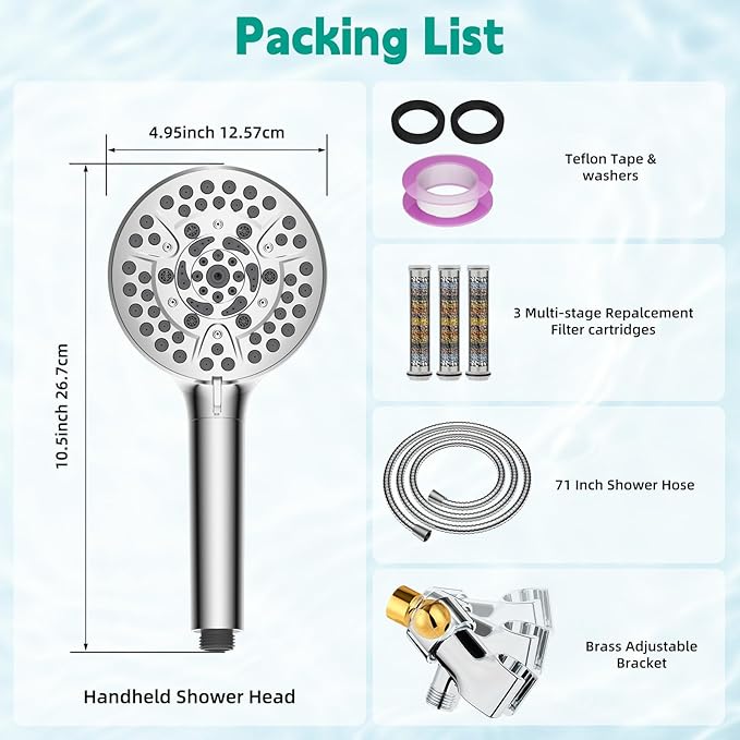 Hibbent Filtered Shower Head with Handheld, High Pressure 10 Spray Showerhead with 3 Filters, Water Softener for Hard Water-Remove Chlorine, Reduces Dry Itchy Skin, Improve Skin& Hair Texture, Chrome