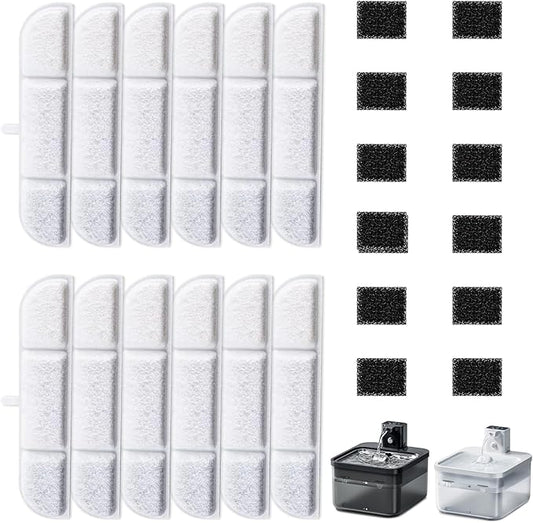 12Packs Replacement Filters Compatible with Downy Paws Cat Water Fountain - Triple Filtration Filters for DownyPaws 84oz/2.5L Wireless Pet Fountain DPWFP6 (12 Filters & 12 Sponges)