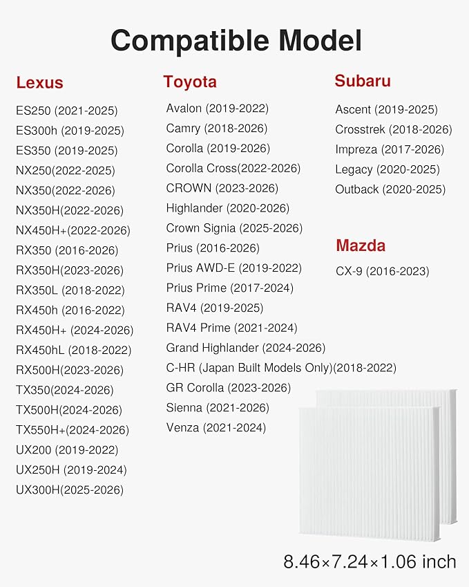 Puroma Cabin Air Filter, Replacement for CP157, CF12157, Compatible with Subaru, Toyota Camry, RAV4, Highlander, Corolla, Sienna, Pruis, Venza and Avalon, Lexus, Mazda