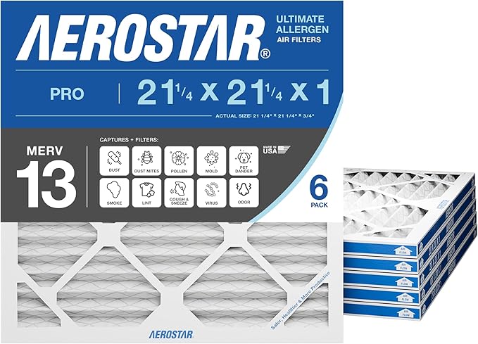 Aerostar 21.25x21.25x1 MERV 13 Pleated Air Filter, 6 Pack, AC Furnace Filters, HVAC Filter, Air Conditioner Filters, Heater Filters Replacement for Home (Actual Size: 21.25x21.25x0.75)