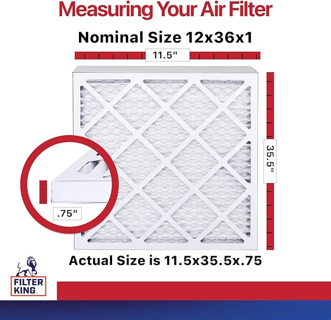 Filter King 12x36x1 Air Filter (MERV 11) (6-Pack) Dust & Allergy Control AC Furnace Filters, MADE IN USA, HVAC, Pleated, Electrostatic (Actual Size: 11.5 x 35.5 x .75)