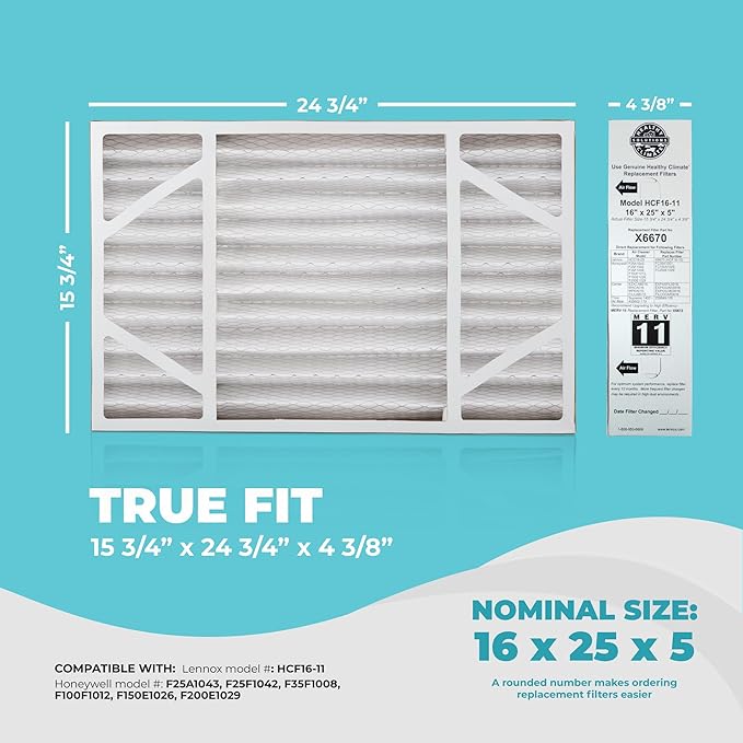 Lennox X6670 16x25x5 Air Filter MERV 11 HVAC AC Furnace Filters, Lennox Healthy Climate Filter for Home with Cleaning Cloth, 5-Pack (Actual Size: 15.75 x 24.75 x 4.38 Inches)