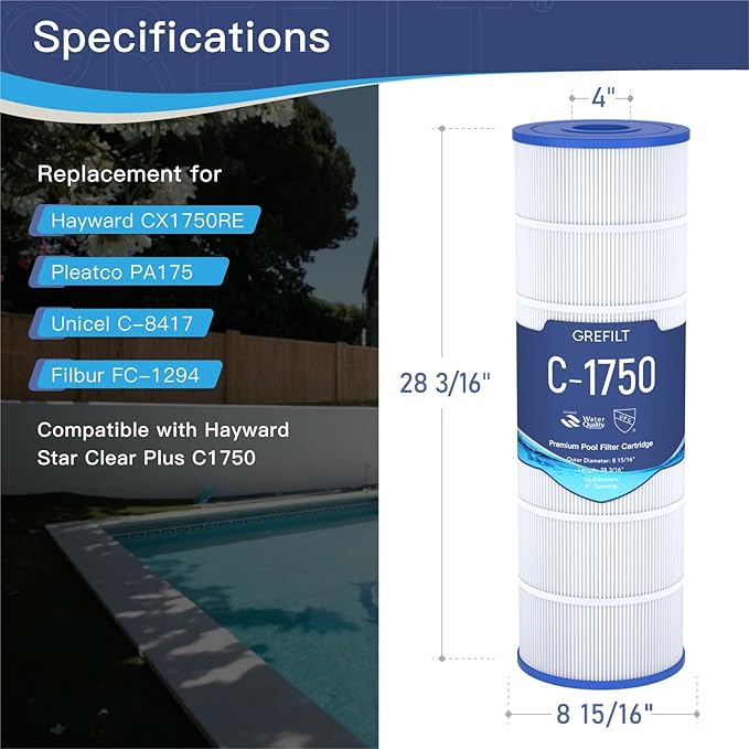 C1750 Pool Filter Cartridge, Compatible with Hayward C1750, CX1750RE, Replacement for Pleatco PA175, Unicel C-8417, Filbur FC-1294, Sta-Rite PXC175, 175 sq.ft, Dimensions: 28 3/16" x 8 15/16"