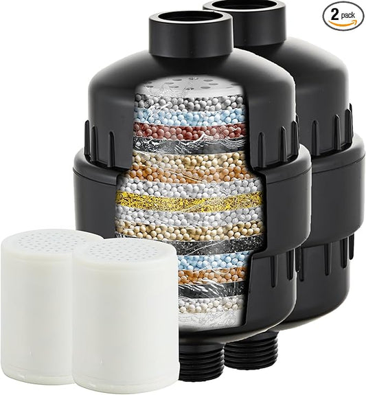 2 Pack Shower Head Filter for Hard Water, Multi-Stage Filtration Reduces Chlorine, Fluoride & Heavy Metals, Universal High Pressure Shower Filter for Skin & Hair, Matte Black