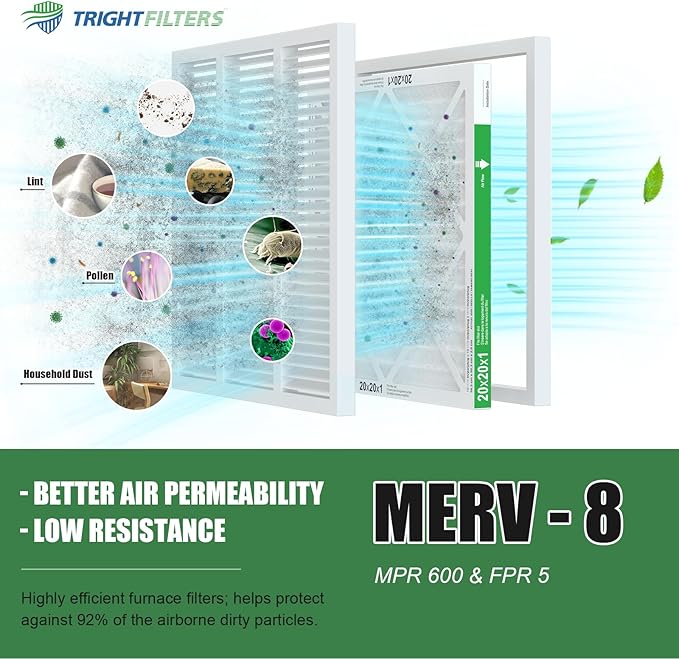 TRIGHTFILTERS 20x20x1 Air Filter 2 Pack, Durable MERV 8 Pleated Home HVAC AC Furnace Filters, Lightweight Compact Air Conditioner Filter Replacement