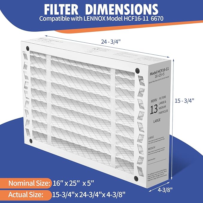 DerBlue 2PACK 16x25x5 MERV 13 Furnace Filter Replacement Compatible with Lennox X6670 HCF16 Pleated HVAC,Foldable Design for Easy Installation & Space-Saving(Actual Size: 15.75 x 24.75 x 4.38in)