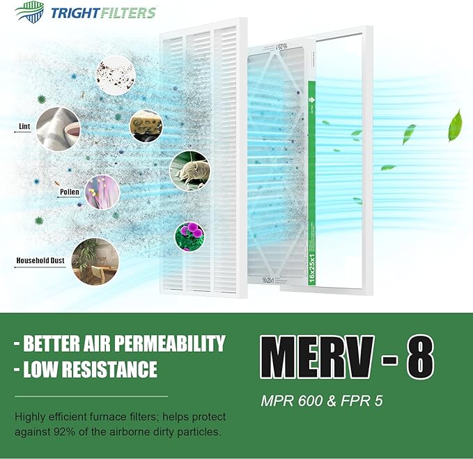 TRIGHTFILTERS 16x25x1 Air Filter 6 Pack, Durable MERV 8 Pleated Home HVAC AC Furnace Filters, Lightweight Compact Air Conditioner Filter Replacement
