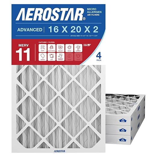 Aerostar 16x20x2 MERV 11 Air Filter, 4 Pack Set of HVAC Furnace Filters, Electrostatic MPR 1000-1200 & FPR 7 (Actual Size: 15 1/2 x 19 1/2 x 1 3/4 inches)