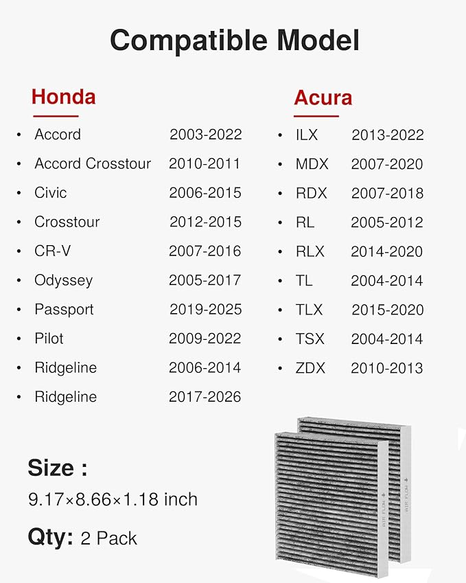 Puroma Cabin Air Filter with Activated Carbon, Replacement for CP134, CF10134, Honda & Acura, Civic, CR-V, Odyssey, CSX, ILX, MDX, RDX, AT134 (2 pc)