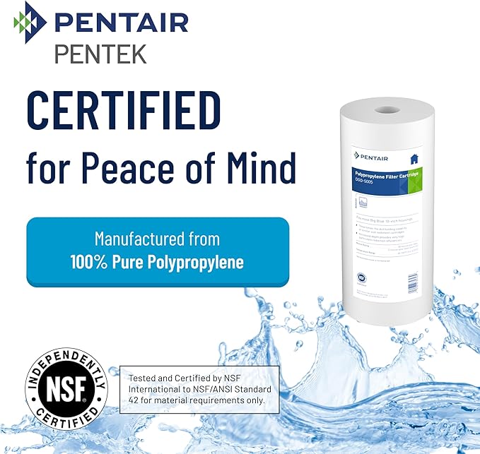 Pentair Pentek DGD-5005 Big Blue Water Filter, 10-Inch Whole House Sediment Filter Cartridge Replacement, Dual-Gradient Density Spun Polypropylene, 10" x 4.5", 5 Micron, Pack of 2