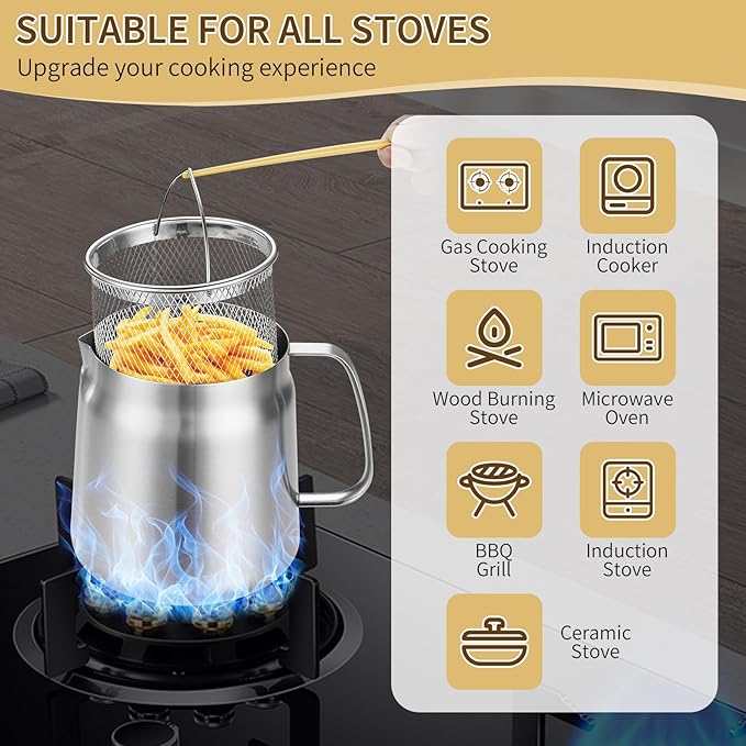 119oz 304 Stainless Steel Deep Fryer Pot with Basket & Strainer, Large Capacity Bacon Grease Container for Kitchen,Frying, Cooking, Camping,Oil Filter Container - Dishwasher Safe (119oz/3.5L/3.7Qt)