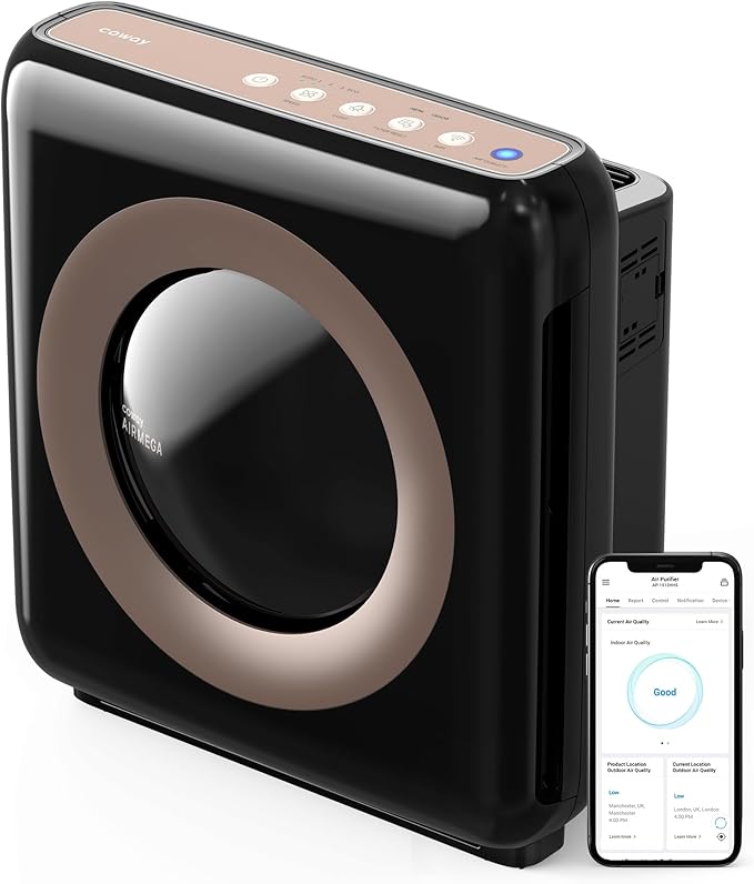 COWAY Air Purifier for Home Up to 1,575ft², App-Enabled Smart Technology, Compatible with Amazon Alexa, HEPA Filter for Smoke, Allergies, Odor, Auto Mode, Airmega AP-1512HHS Black