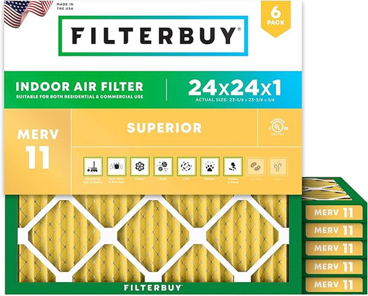 Filterbuy 24x24x1 Air Filter MERV 11 Superior Pet & Allergy Defense (6-Pack), Electrostatic Pleated HVAC AC Furnace Filters Replacement, Made in USA (Actual Size: 23.38 x 23.38 x 0.75)